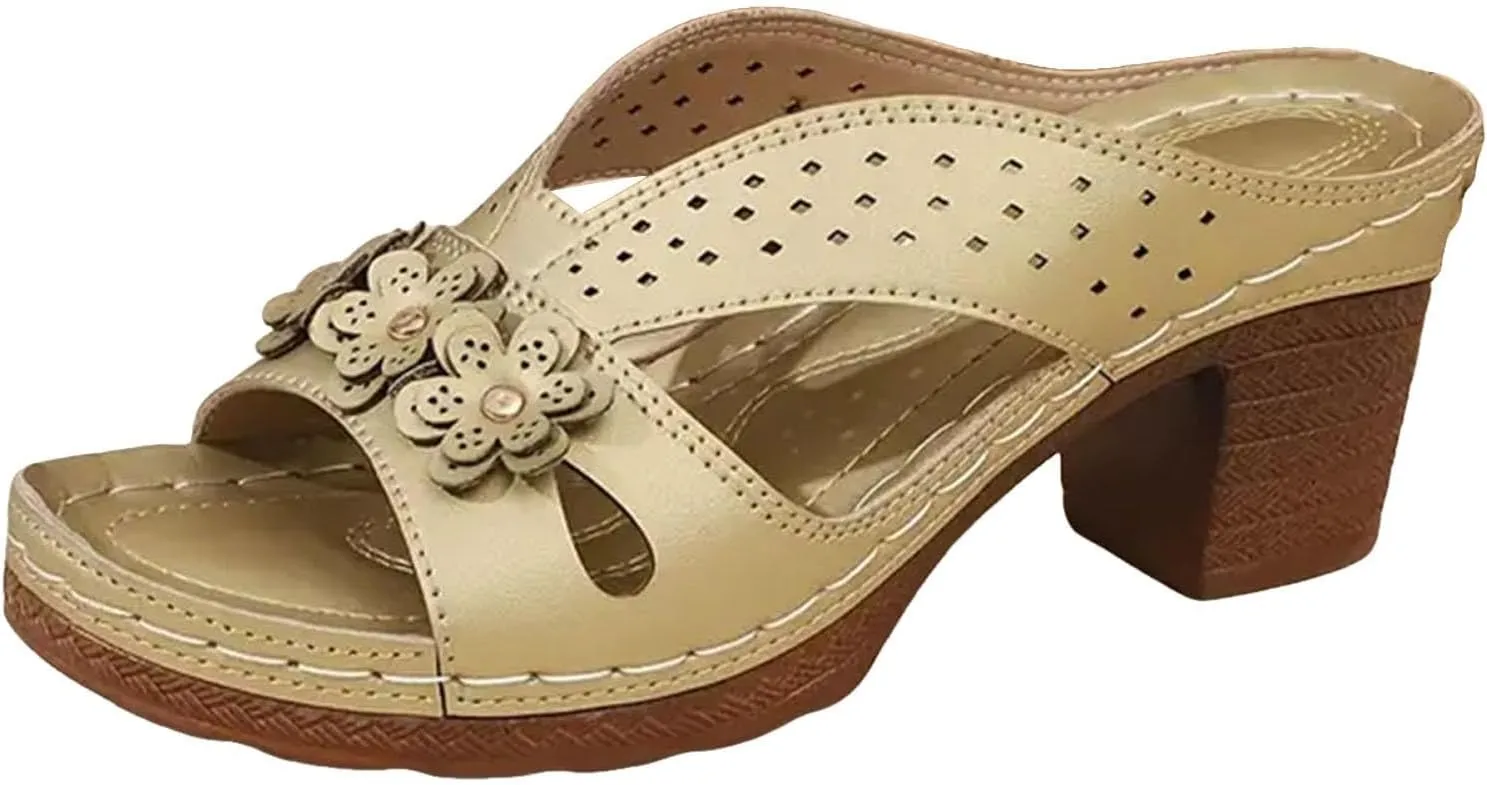 Orthopedic Wedge Sandals for Women Summer Dressy 2025 Flat Open Toe Low Block Chunky Heels Sandals with Flower Casual Summer Mules Slip on Shoes Fashion Wedding Elegant Lightweight Slippers