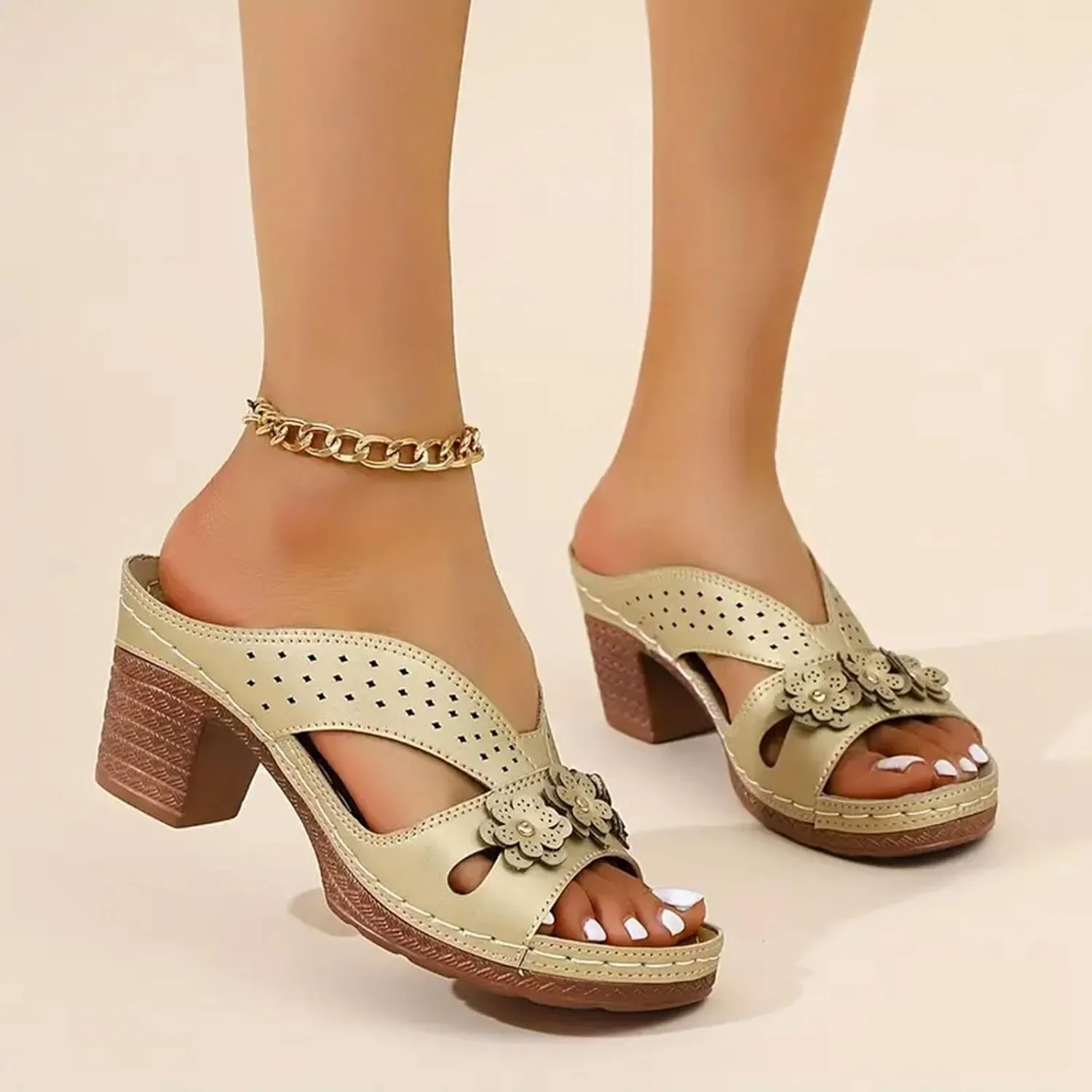 Orthopedic Wedge Sandals for Women Summer Dressy 2025 Flat Open Toe Low Block Chunky Heels Sandals with Flower Casual Summer Mules Slip on Shoes Fashion Wedding Elegant Lightweight Slippers