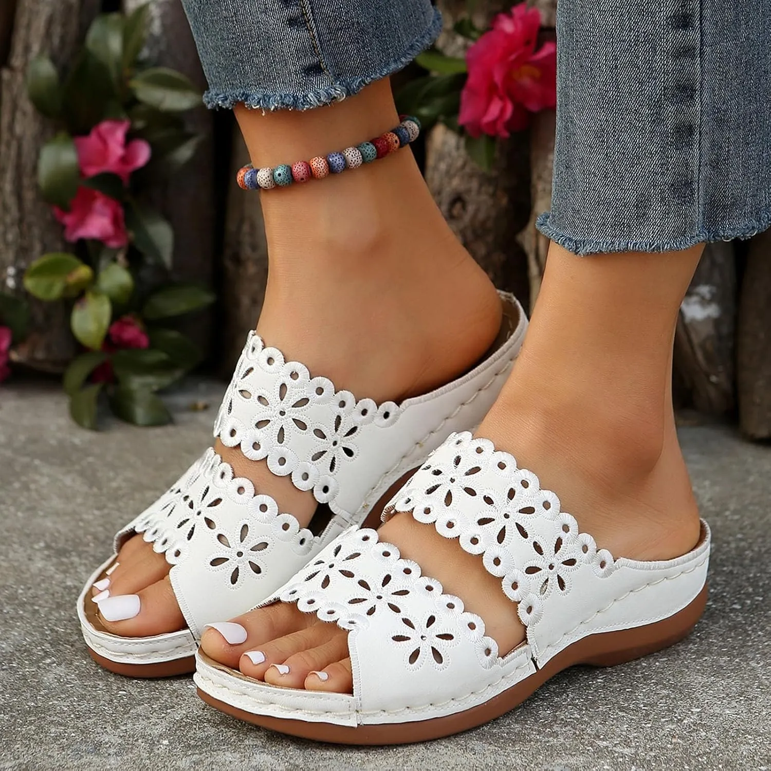 Orthotic Sandals for Women Arch Support Summer Sandal Open Toe Slip On Wedge Slides Comfortable Walking Platform Shoes