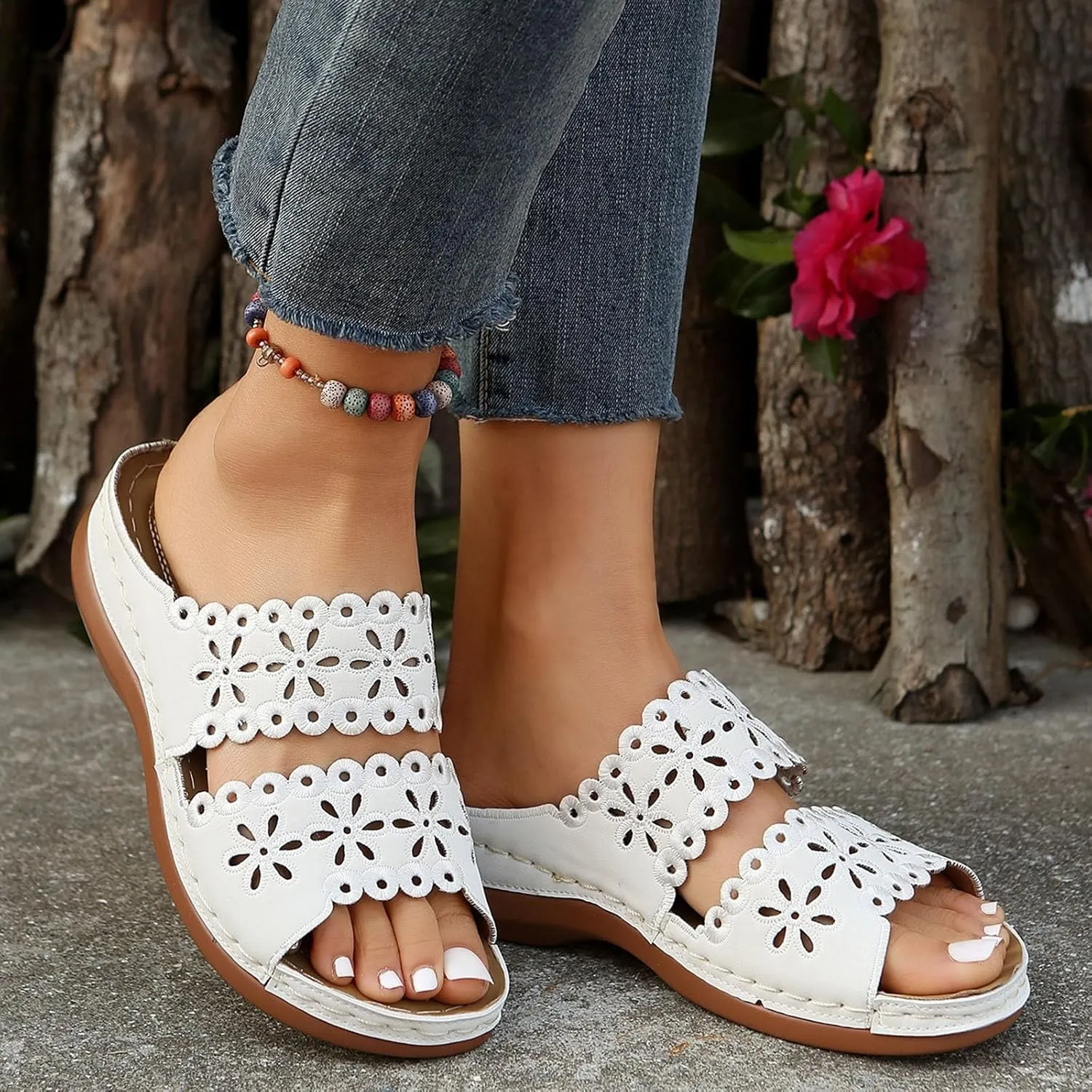 Orthotic Sandals for Women Arch Support Summer Sandal Open Toe Slip On Wedge Slides Comfortable Walking Platform Shoes