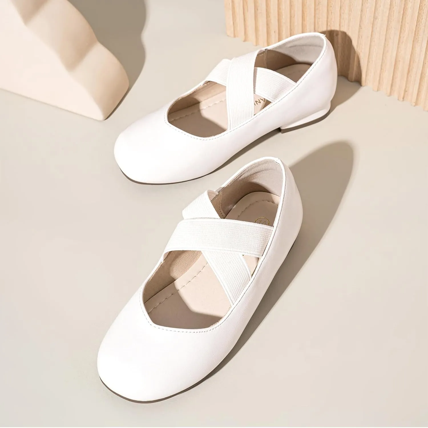 PANDANINJIA Girls Dress Shoes Ballet Flats Mary Jane Elastic Cross Strap Little Big Kid Low Heels Flower Girl Shoes