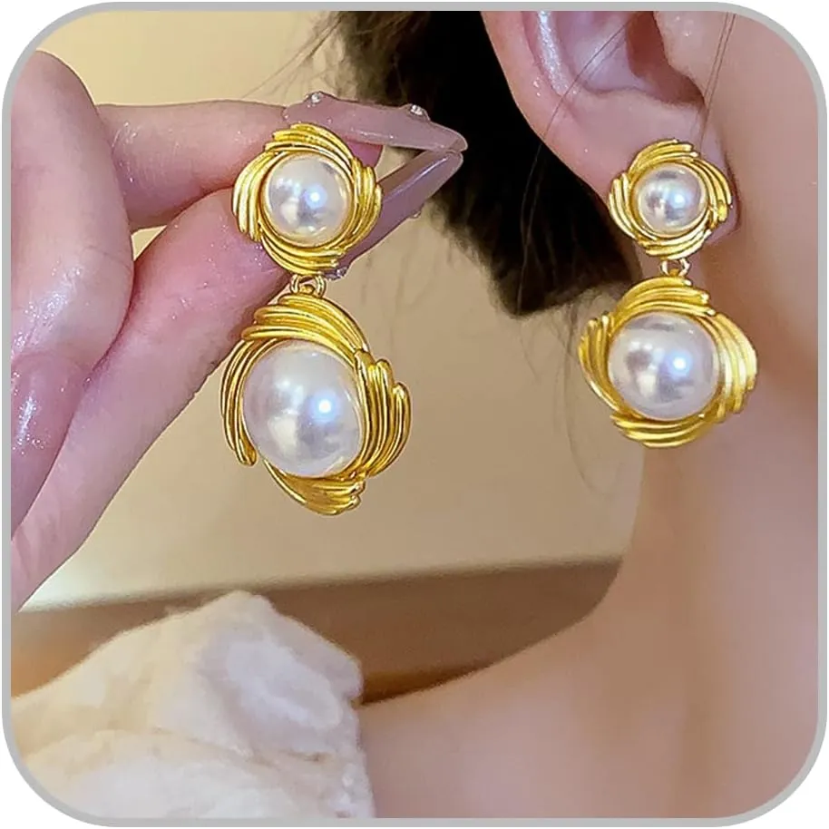 Pearl Drop Earring for Women Large Statement Pearl Earrings Chunky Black Pearl Earrings Black and Gold Dangle Earrings Big Thick Geometric Dangle Earring Hypoallergenic Jewelry Gift