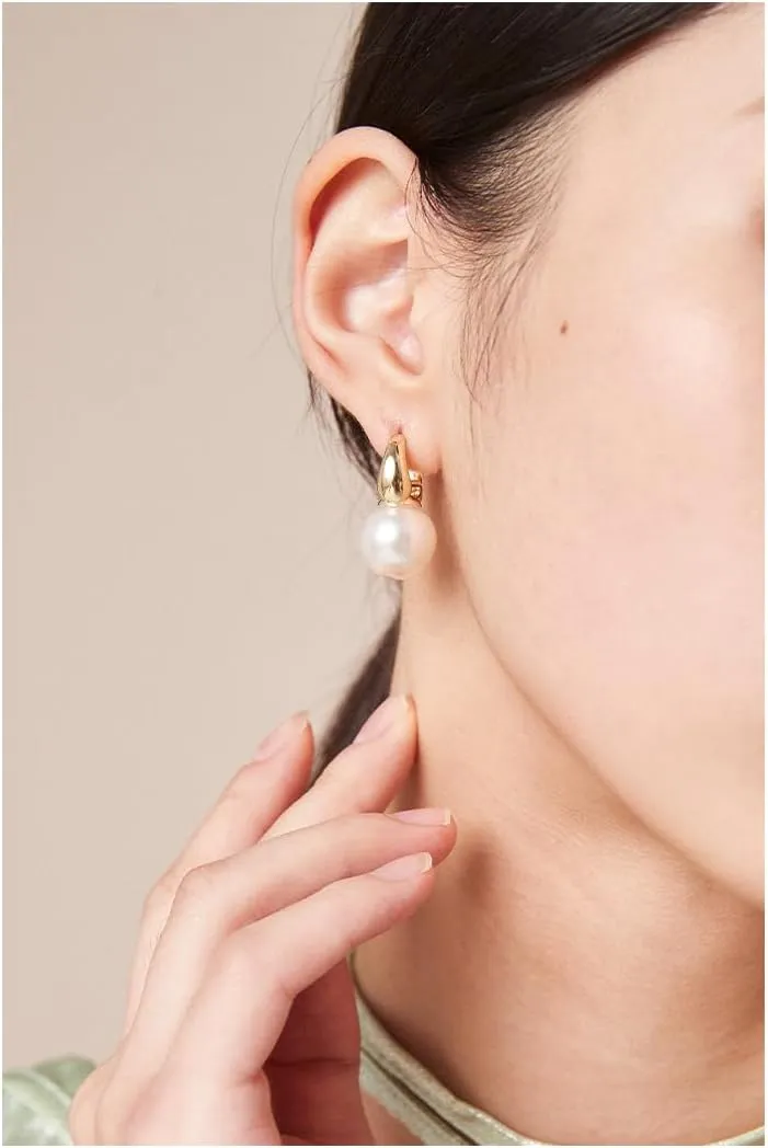 Pearl Drop Earrings, 14mm Elegant Big Pearl Earrings for Women, 14K Gold Plated Hoop Clasp, Pearl Dangle Earrings for Gift