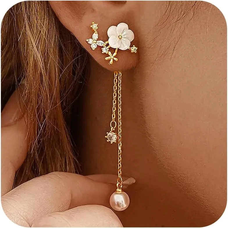 Pearl Drop Earrings for Women Pearl Flower Dangle Earring Gold Flower Earings Elegant Formal Wedding Earrings for Bride Bridemaid Jewelry Gifts