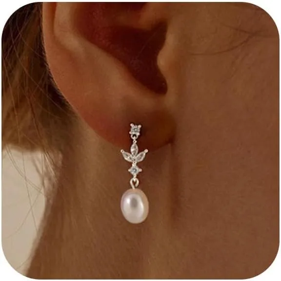 Pearl Earrings for Women - Dainty Gold Dangle Drop Earrings, 14k Gold Plated Cute Bow Design, Hypoallergenic Pearl Studs, Wedding Jewelry Gifts