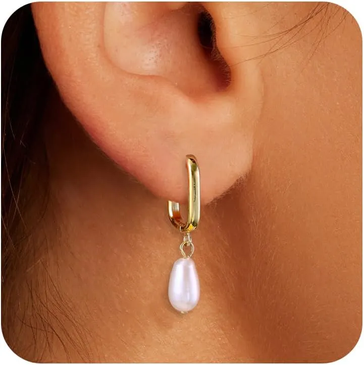 Pearl Earrings for Women, Dainty Gold Earrings 14K Gold Plated Pearl Drop Earrings Cute Pearl Hoop Earrings Hypoallergenic Dangle Pearl Earrings for Women Trendy Wedding Earrings for Brides
