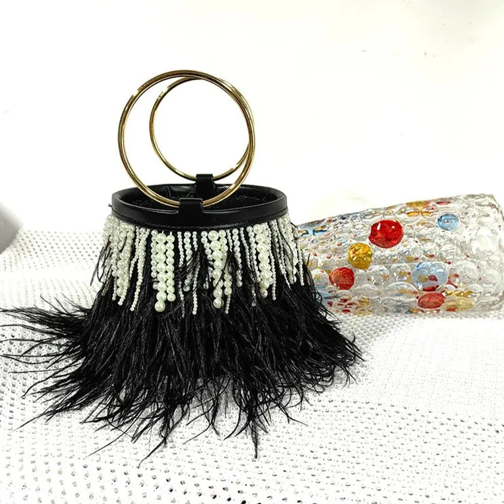 Pearl Evening Bag Bucket Handbag with Beaded Tassel Feather Clutch Purse Feather Money Purse for Wedding Party
