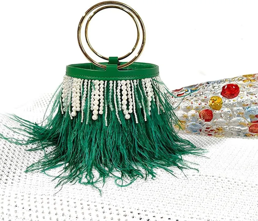 Pearl Evening Bag Bucket Handbag with Beaded Tassel Feather Clutch Purse Feather Money Purse for Wedding Party