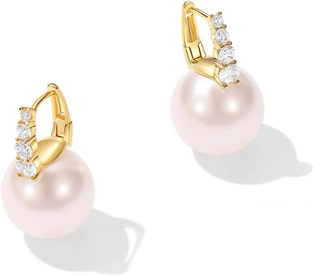 Pearl Huggie Earring with Diamond for Women Fashion, Pink Pearl Drop Earrings Dangle Trendy with Gold Plated Sterling Silver, Dangling Pearl Earring for Chritmas, Friend Birthday Gift