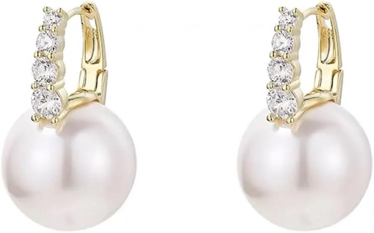 Pearl Huggie Earring with Diamond for Women Fashion, White Pearl Drop Earrings Dangle Trendy with Gold Plated Sterling Silver, Dangling Pearl Earring for Chritmas, Friend Birthday Gift