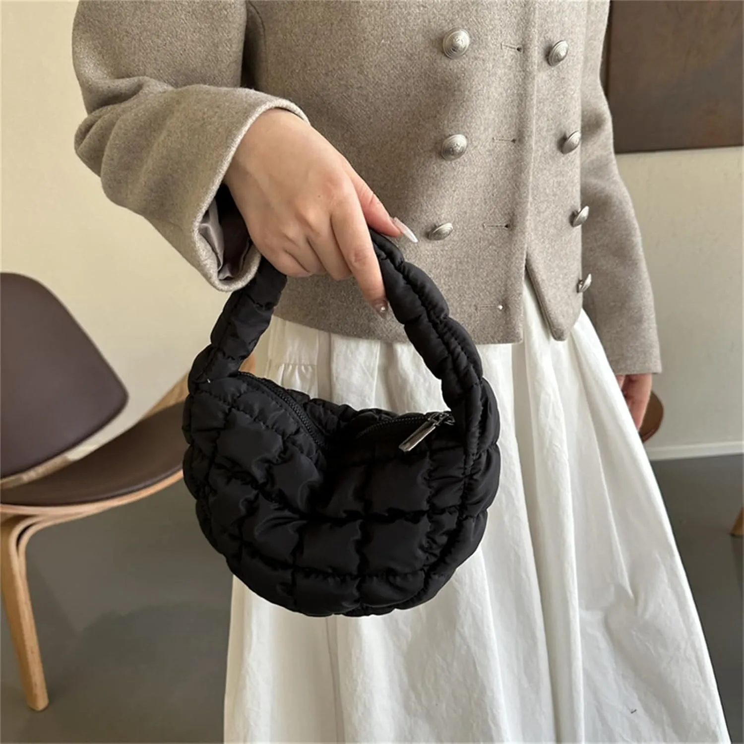 Puffer Bag Women Mini Quilted Cute Bubble Handbag Crescent Wrist Satchel Y2k Purse