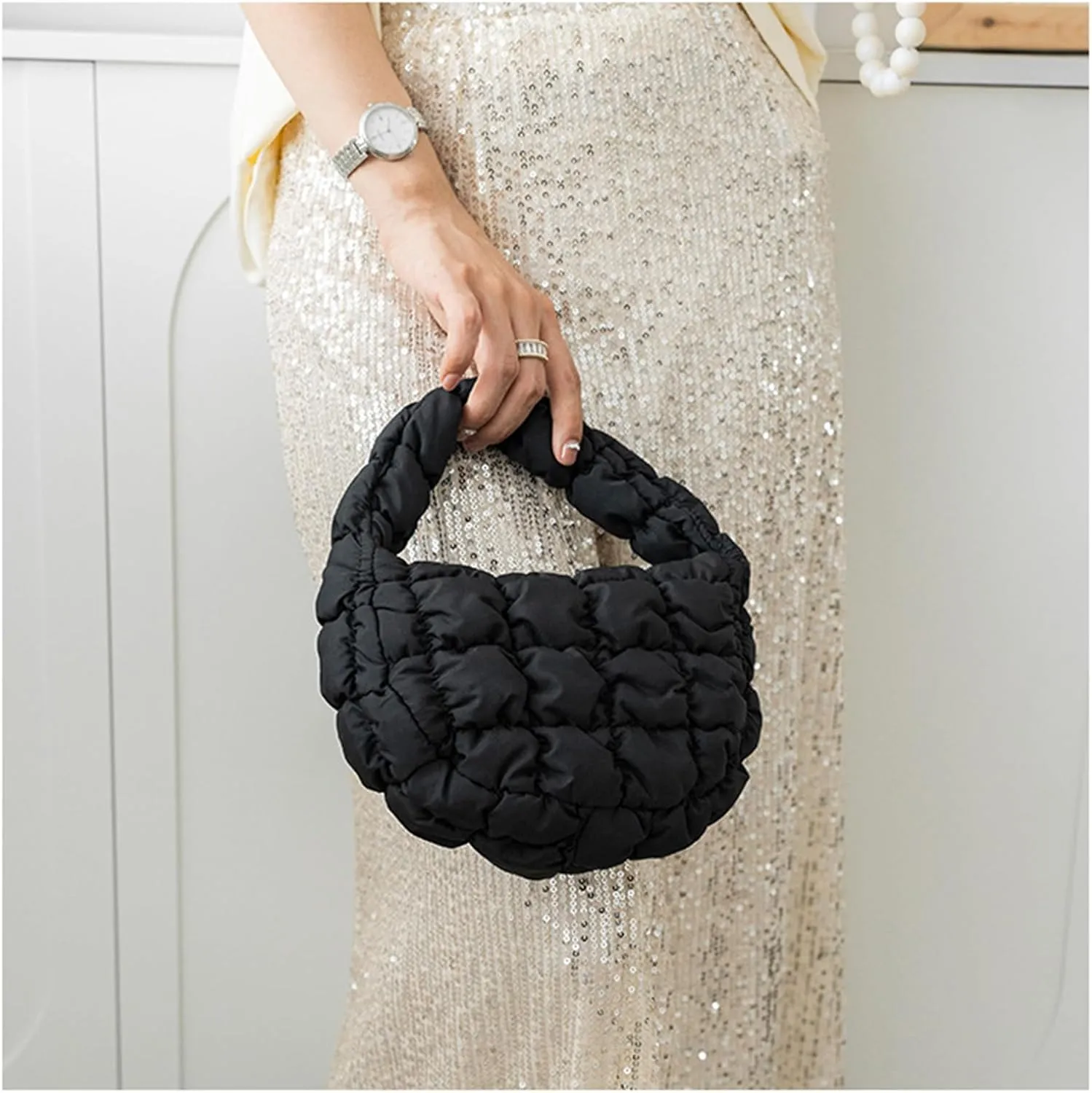 Puffer Bag Women Mini Quilted Cute Bubble Handbag Crescent Wrist Satchel Y2k Purse