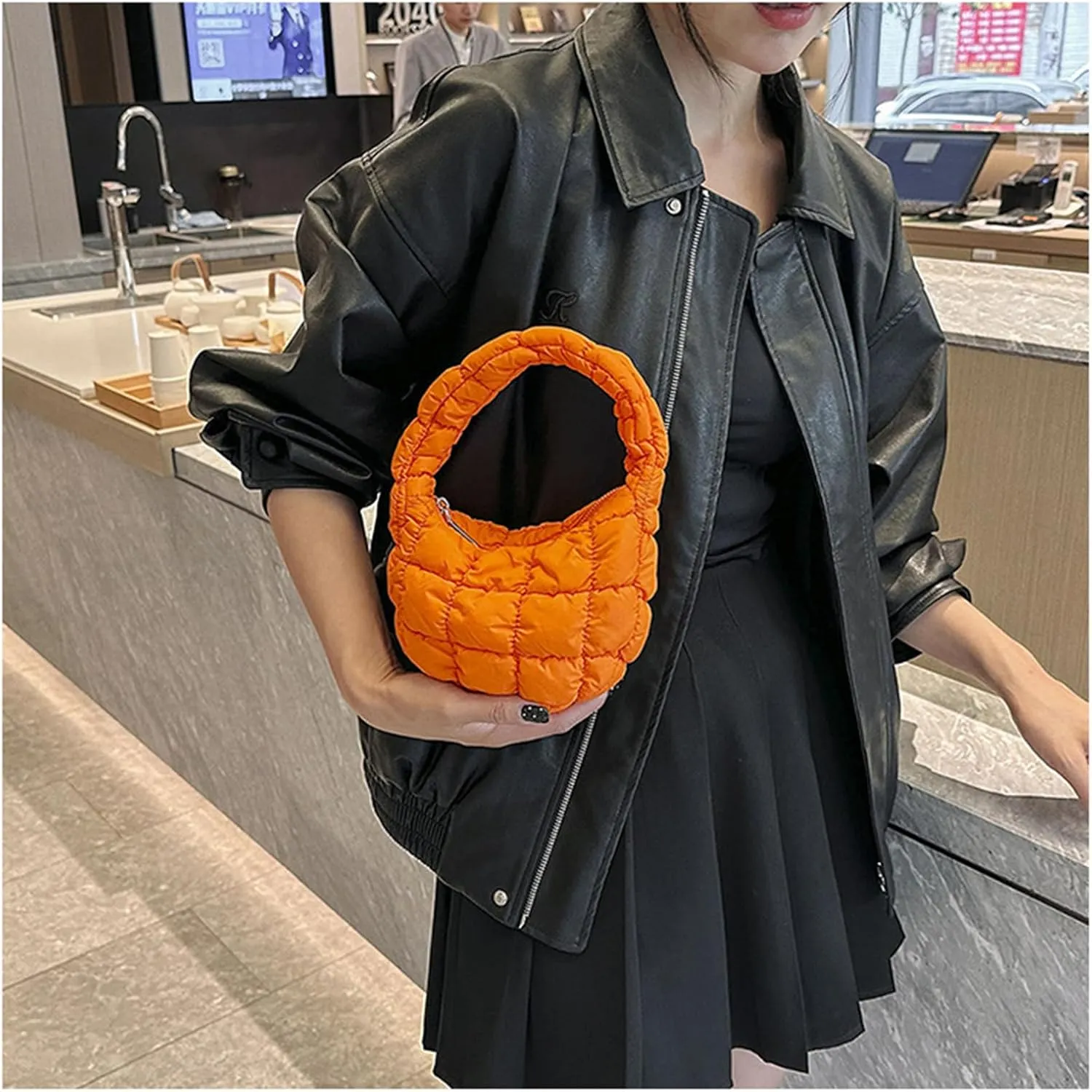 Puffer Bag Women Mini Quilted Cute Bubble Handbag Crescent Wrist Satchel Y2k Purse