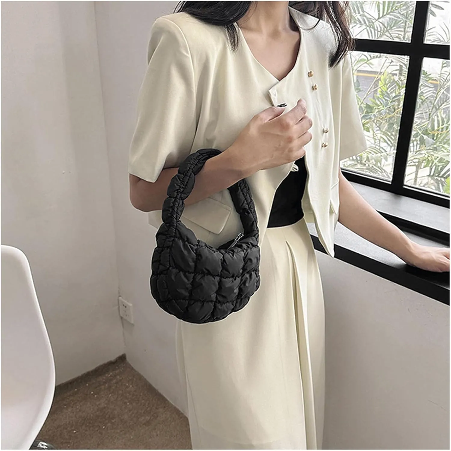 Puffer Bag Women Mini Quilted Cute Bubble Handbag Crescent Wrist Satchel Y2k Purse