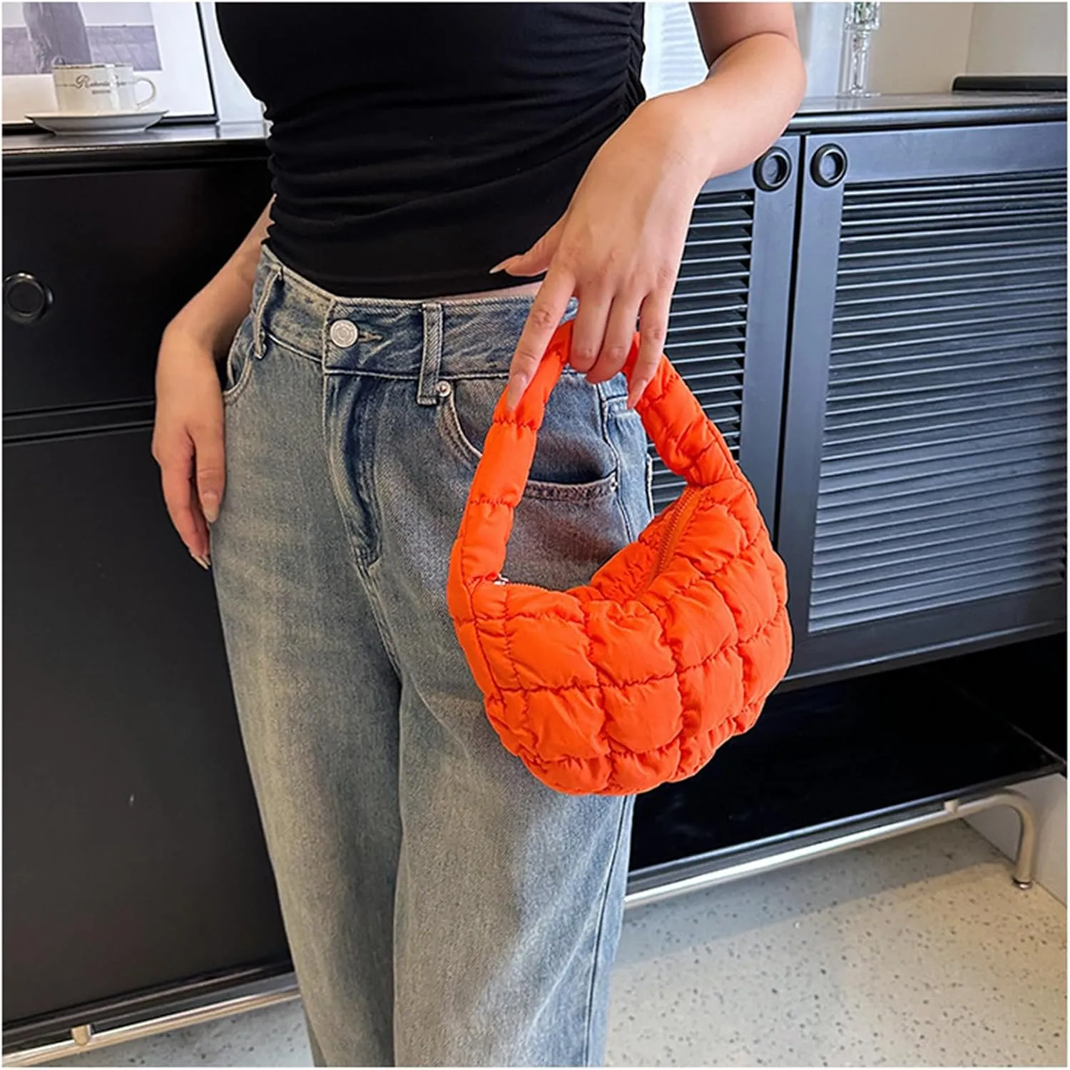 Puffer Bag Women Mini Quilted Cute Bubble Handbag Crescent Wrist Satchel Y2k Purse