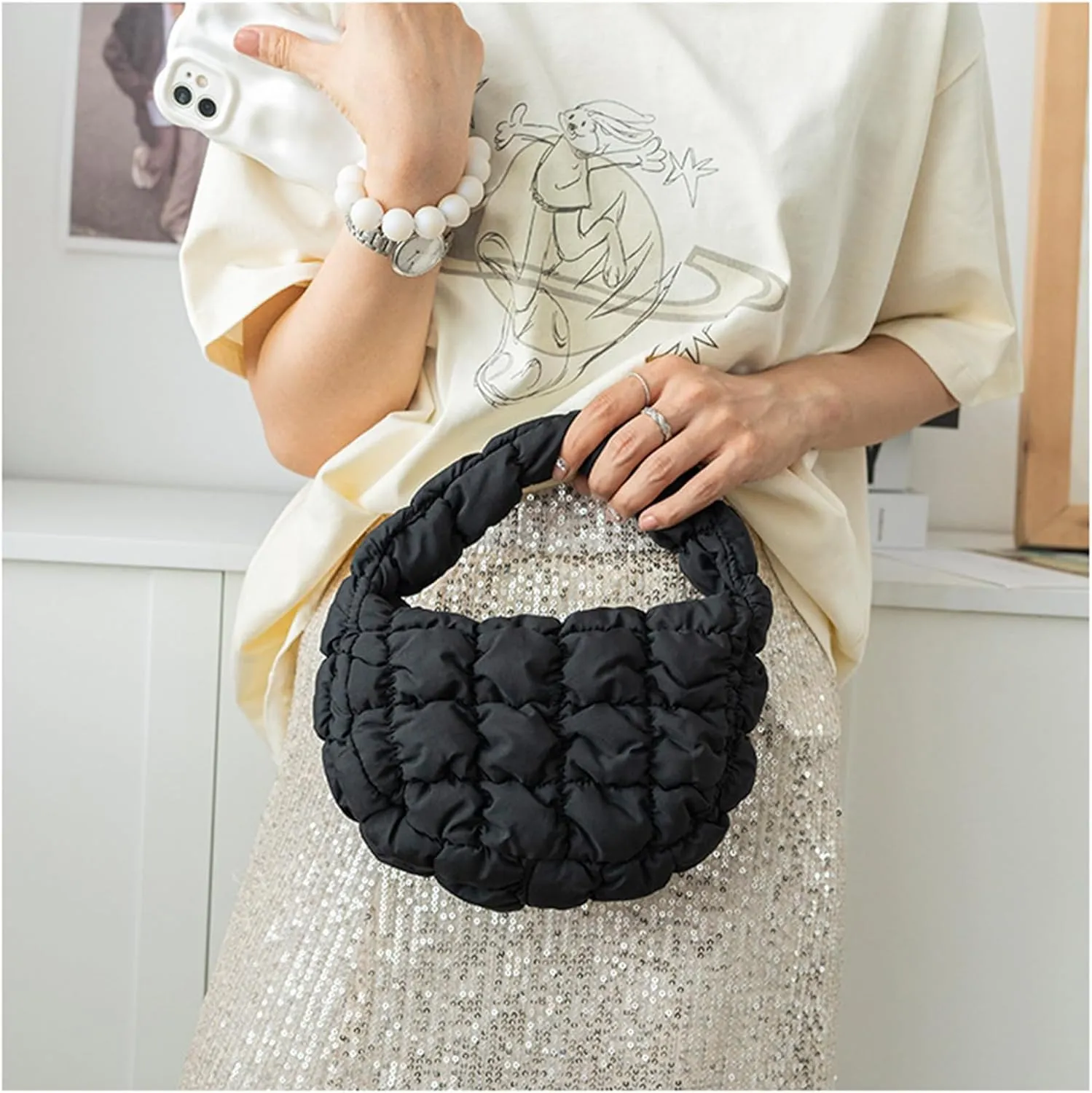Puffer Bag Women Mini Quilted Cute Bubble Handbag Crescent Wrist Satchel Y2k Purse