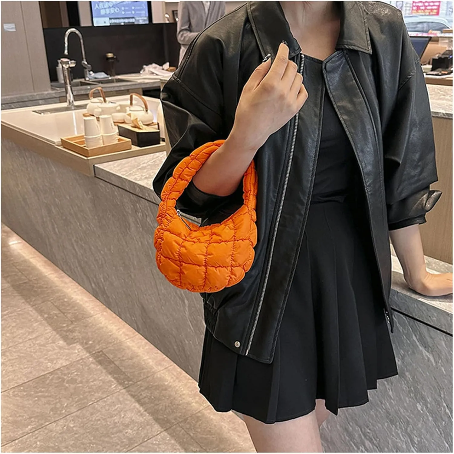 Puffer Bag Women Mini Quilted Cute Bubble Handbag Crescent Wrist Satchel Y2k Purse