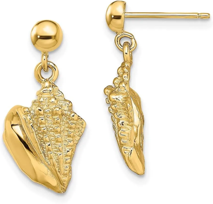 Real 14k Yellow Gold Conch Shell Dangle Earrings - 22mm x 10mm