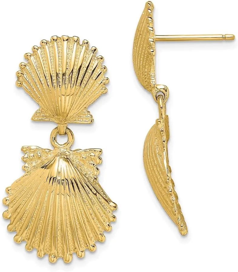 Real 14k Yellow Gold Double Scallop Shell Dangle Earrings - 29mm x 14mm