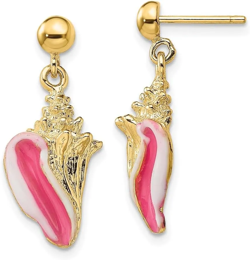 Real 14k Yellow Gold White and Pink Enamel Conch Shell Dangle Earrings - 15mm x 10mm