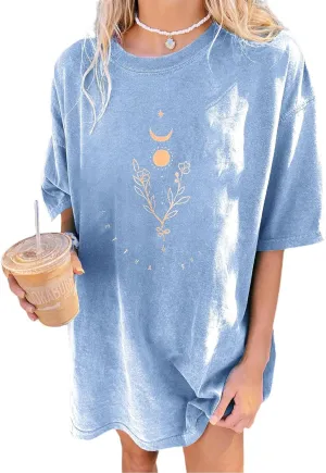 Remidoo Women's Casual Oversized T Shirt Short Sleeve Graphic Tee Letter Sun Moon Shirts