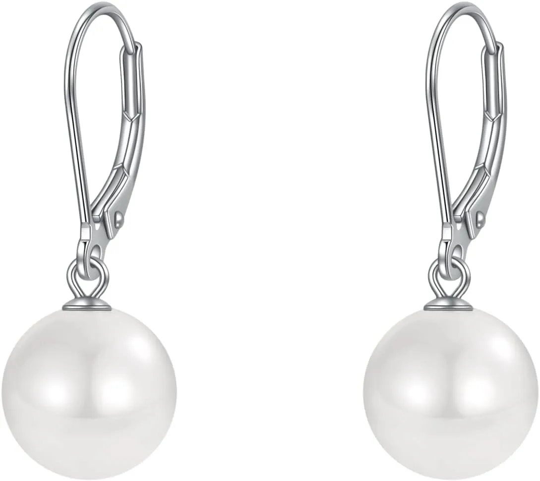 Rnivida 925 Sterling Silver Hypoallergenic Pearl Leverback Earrings,Single White Round Pearl Drop Jewelry Gift for Women