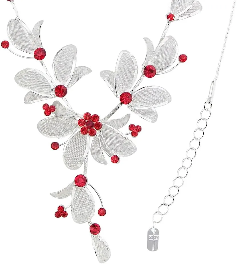 Rosemarie Collections Women's 3 Piece Rhinestone Crystal And Metal Mesh Floral Statement Necklace Bracelet Earring Jewelry Set, 17" 4" Extender