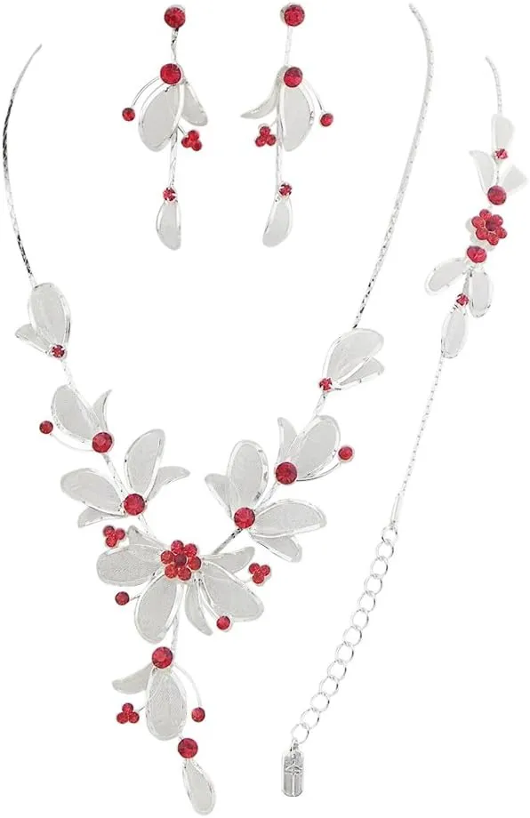 Rosemarie Collections Women's 3 Piece Rhinestone Crystal And Metal Mesh Floral Statement Necklace Bracelet Earring Jewelry Set, 17" 4" Extender