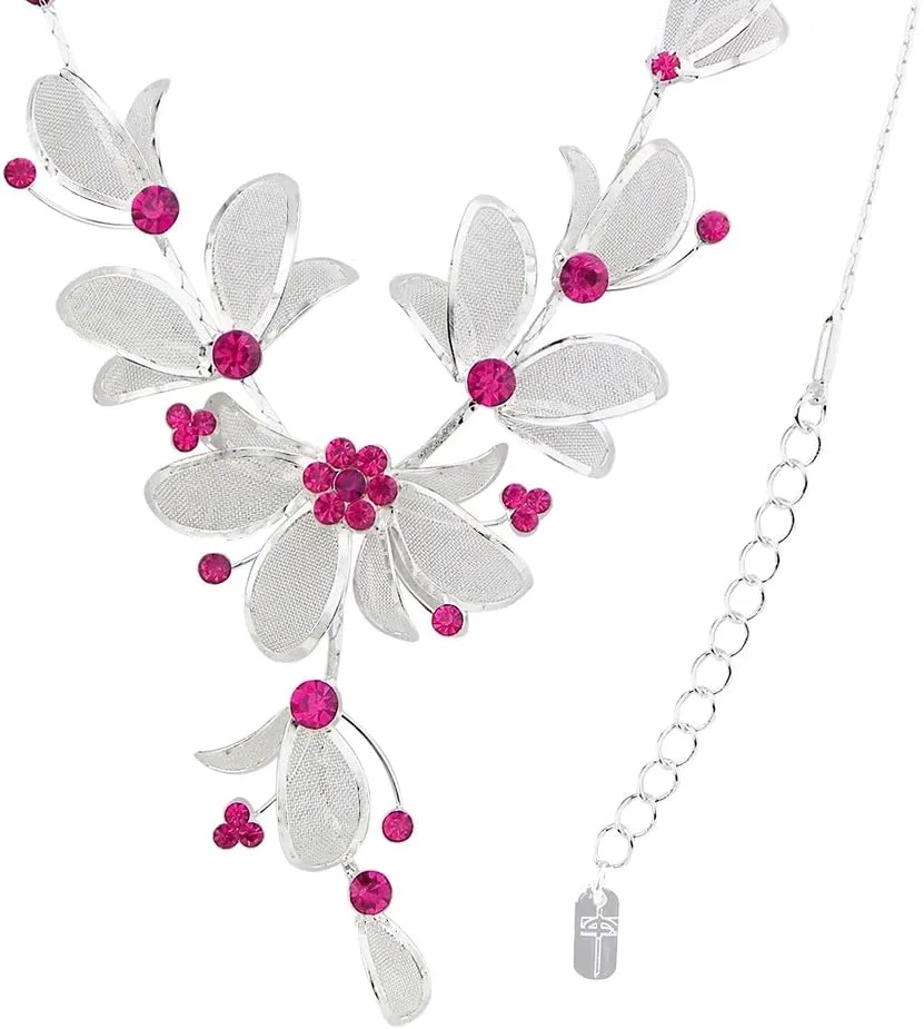 Rosemarie Collections Women's 3 Piece Rhinestone Crystal And Metal Mesh Floral Statement Necklace Bracelet Earring Jewelry Set, 17" 4" Extender