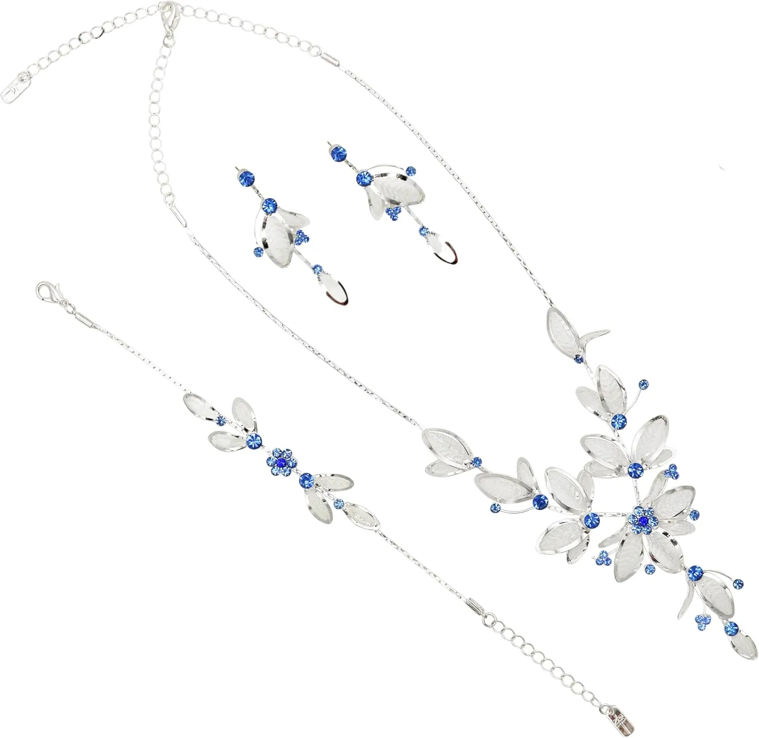 Rosemarie Collections Women's 3 Piece Rhinestone Crystal And Metal Mesh Floral Statement Necklace Bracelet Earring Jewelry Set, 17" 4" Extender
