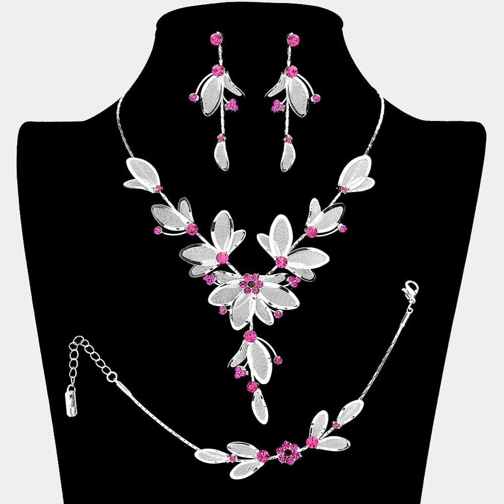 Rosemarie Collections Women's 3 Piece Rhinestone Crystal And Metal Mesh Floral Statement Necklace Bracelet Earring Jewelry Set, 17" 4" Extender