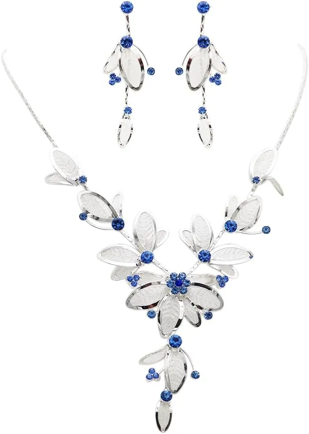 Rosemarie Collections Women's 3 Piece Rhinestone Crystal And Metal Mesh Floral Statement Necklace Bracelet Earring Jewelry Set, 17" 4" Extender
