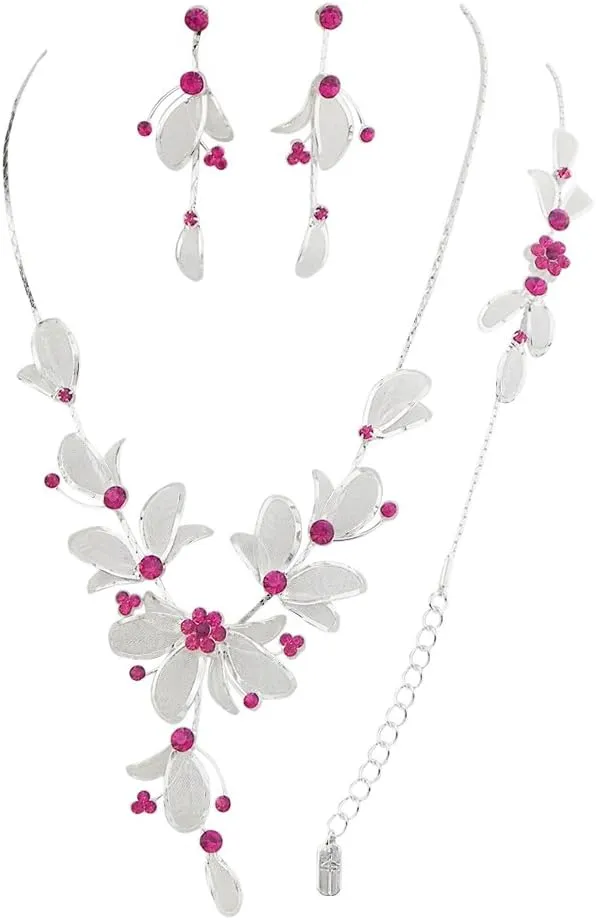 Rosemarie Collections Women's 3 Piece Rhinestone Crystal And Metal Mesh Floral Statement Necklace Bracelet Earring Jewelry Set, 17" 4" Extender