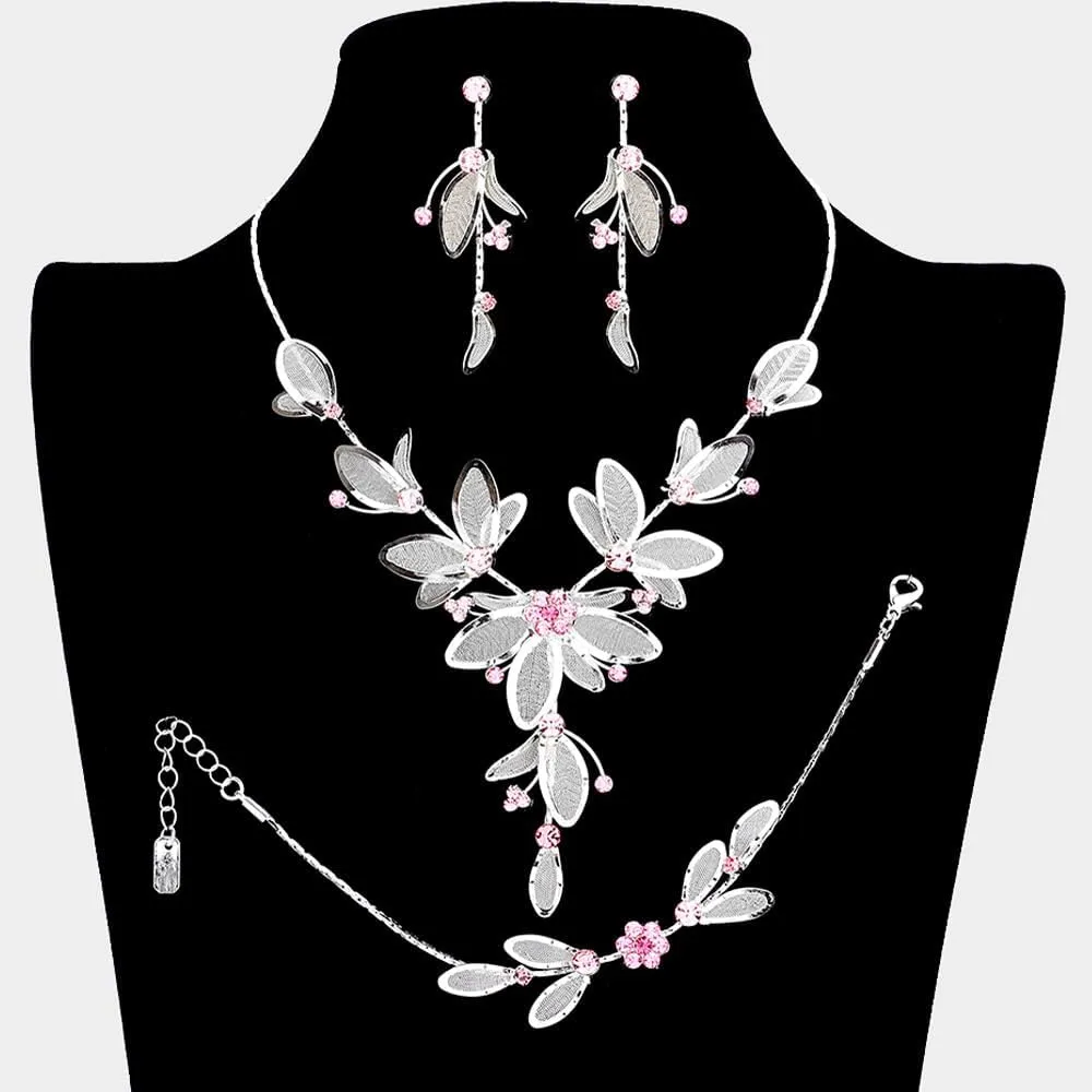 Rosemarie Collections Women's 3 Piece Rhinestone Crystal And Metal Mesh Floral Statement Necklace Bracelet Earring Jewelry Set, 17" 4" Extender