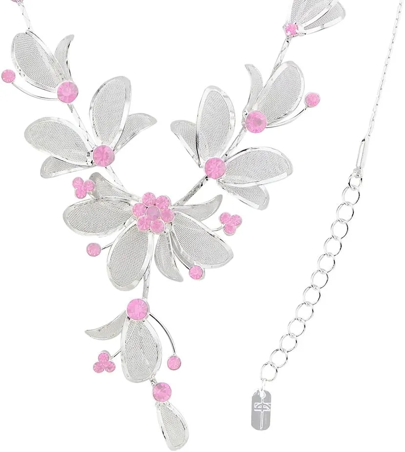 Rosemarie Collections Women's 3 Piece Rhinestone Crystal And Metal Mesh Floral Statement Necklace Bracelet Earring Jewelry Set, 17" 4" Extender