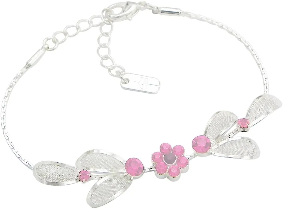 Rosemarie Collections Women's 3 Piece Rhinestone Crystal And Metal Mesh Floral Statement Necklace Bracelet Earring Jewelry Set, 17" 4" Extender