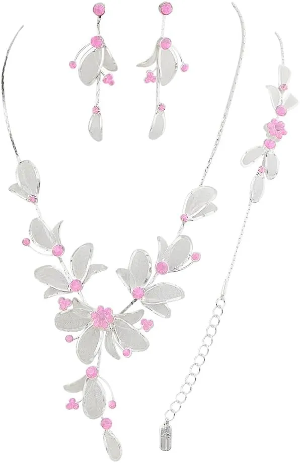 Rosemarie Collections Women's 3 Piece Rhinestone Crystal And Metal Mesh Floral Statement Necklace Bracelet Earring Jewelry Set, 17" 4" Extender