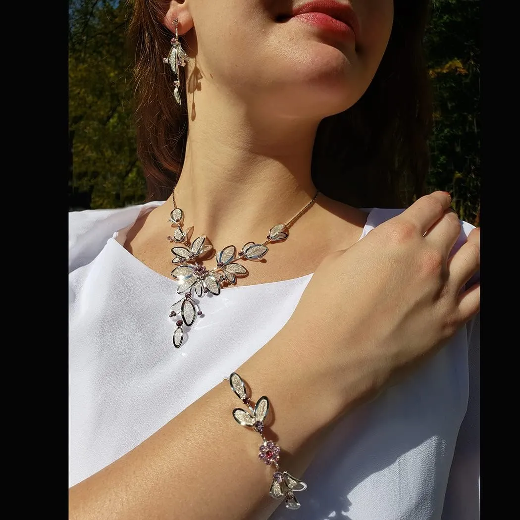 Rosemarie Collections Women's 3 Piece Rhinestone Crystal And Metal Mesh Floral Statement Necklace Bracelet Earring Jewelry Set, 17" 4" Extender