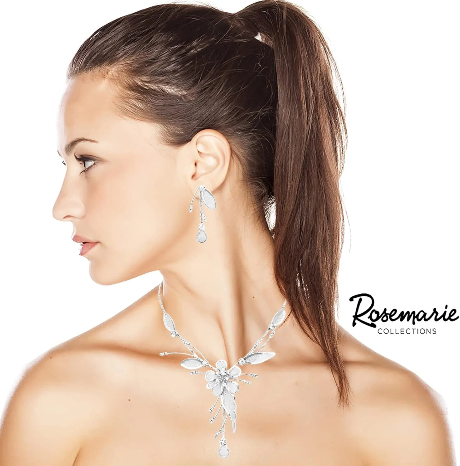 Rosemarie Collections Women's Stunning Metal Mesh Floral Statement Dangling Flower Petals Necklace Earring Set, 15" 2.5" Extender