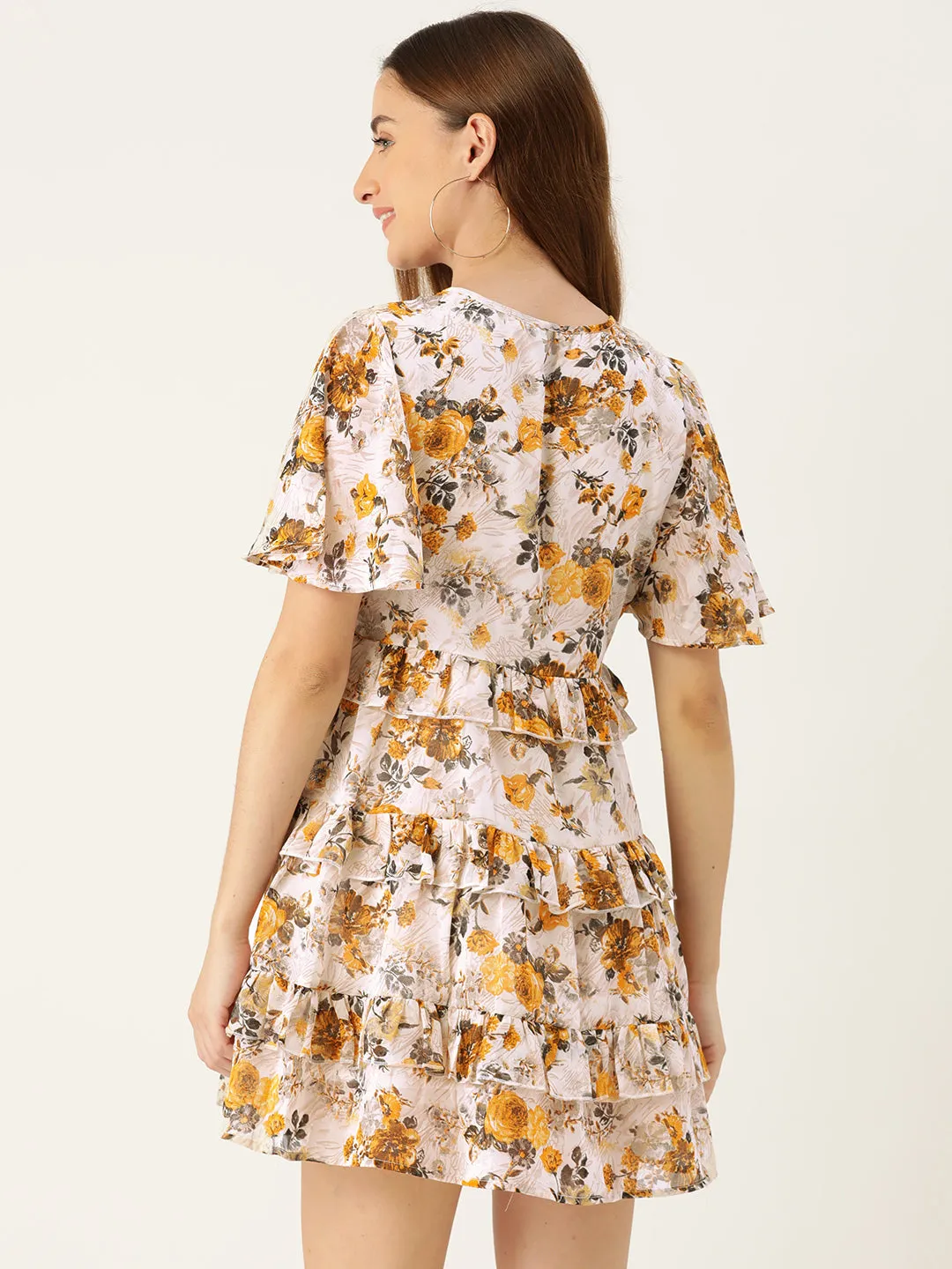 Slenor Floral Print Keyhole Neck Flared Sleeve Ruffled Georgette A-Line Dress
