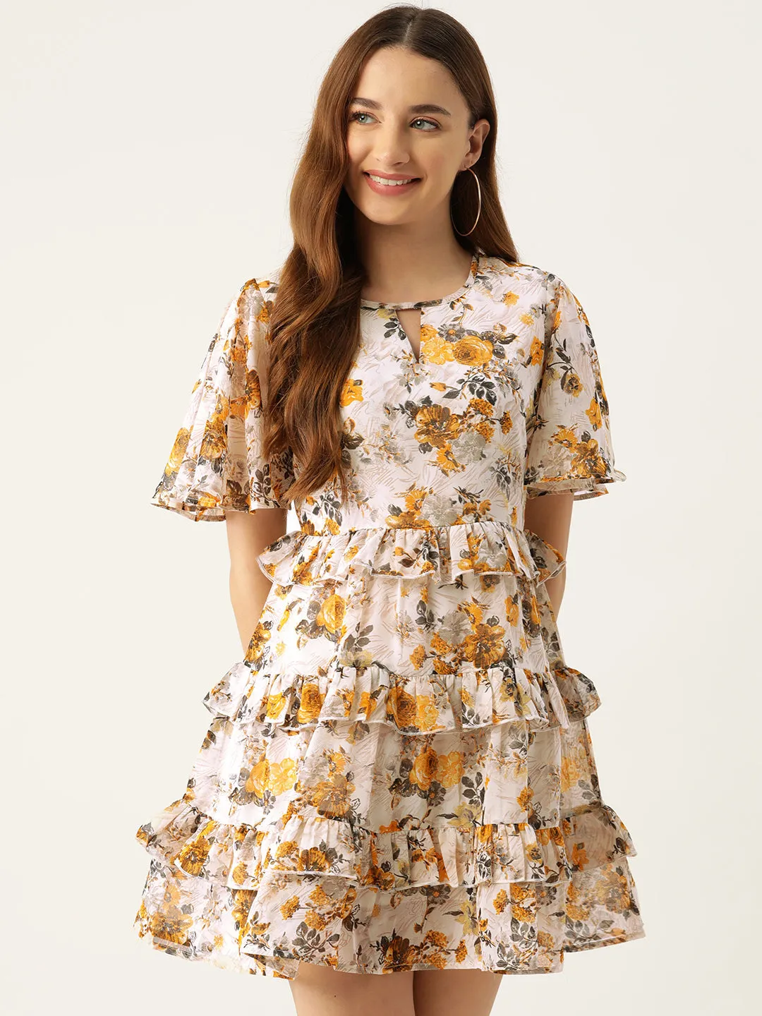 Slenor Floral Print Keyhole Neck Flared Sleeve Ruffled Georgette A-Line Dress