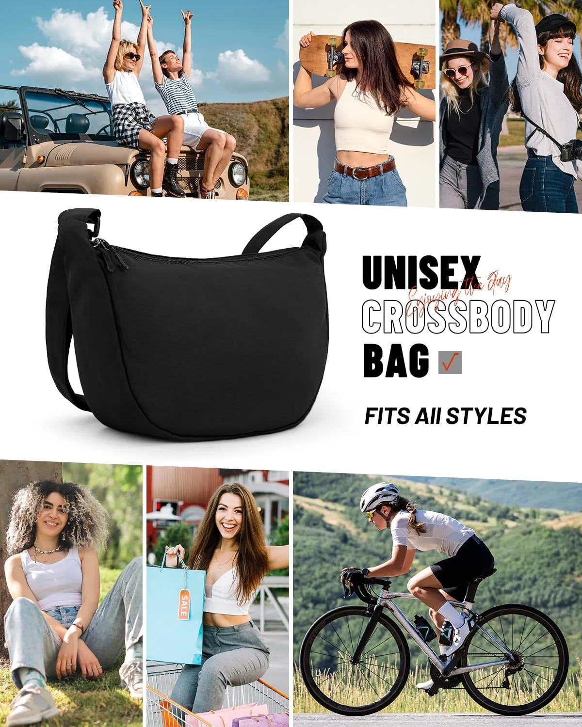 Small Sling Crossbody Bag for Women Men Trendy, Mini Crescent Bag with Adjustable Strap, 2 Zippers Lightweight Nylon Bag