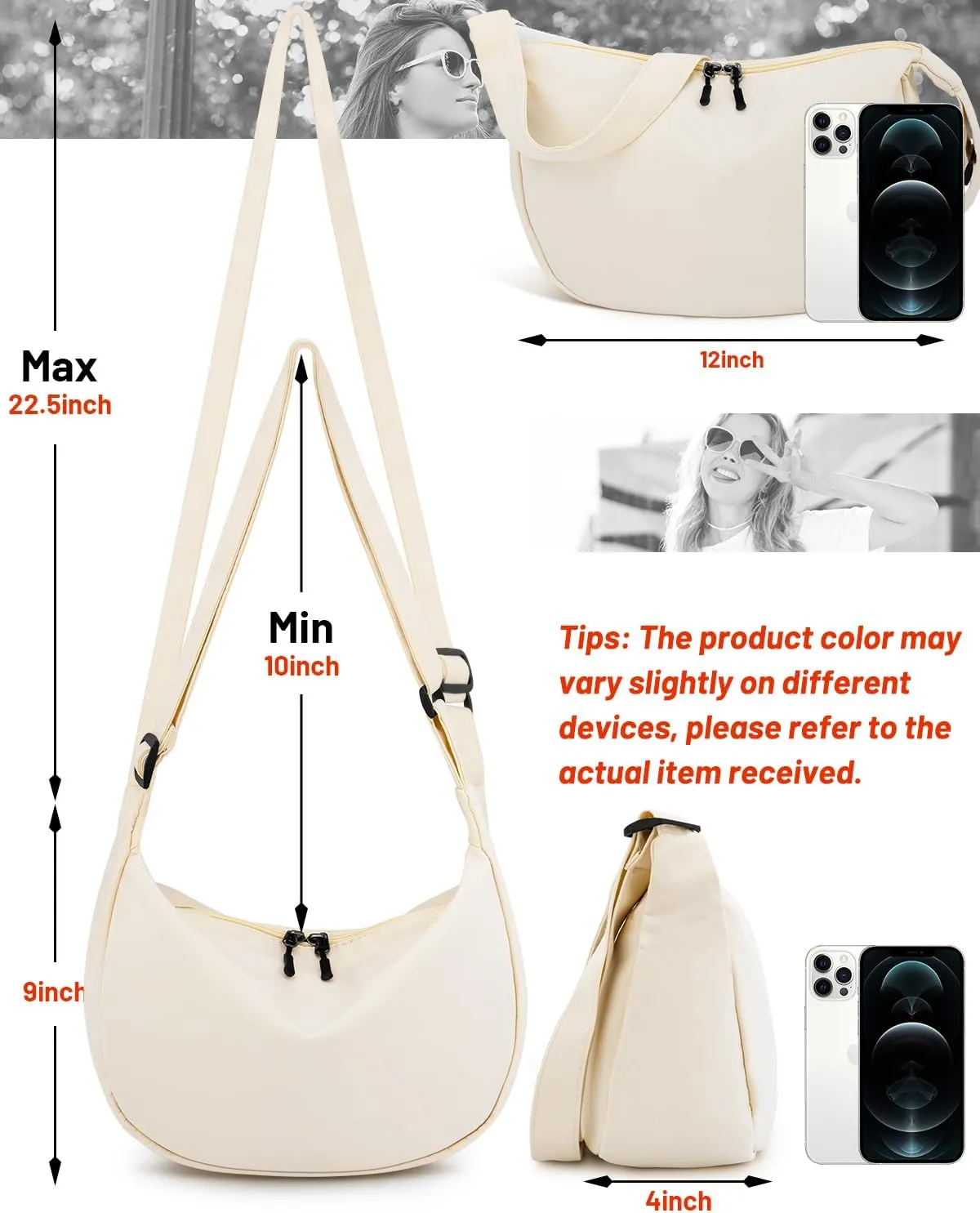 Small Sling Crossbody Bag for Women Men Trendy, Mini Crescent Bag with Adjustable Strap, 2 Zippers Lightweight Nylon Bag