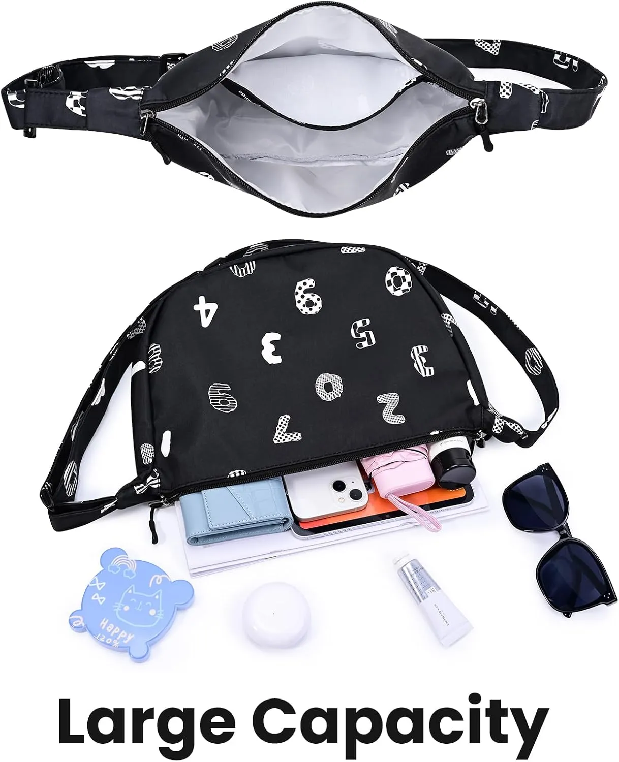 Small Sling Crossbody Bag for Women Men Trendy, Mini Crescent Bag with Adjustable Strap, 2 Zippers Lightweight Nylon Bag