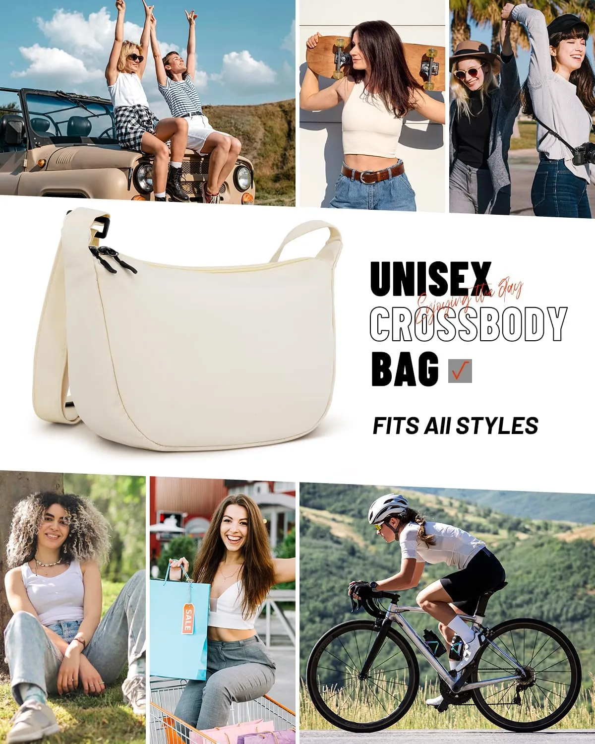 Small Sling Crossbody Bag for Women Men Trendy, Mini Crescent Bag with Adjustable Strap, 2 Zippers Lightweight Nylon Bag