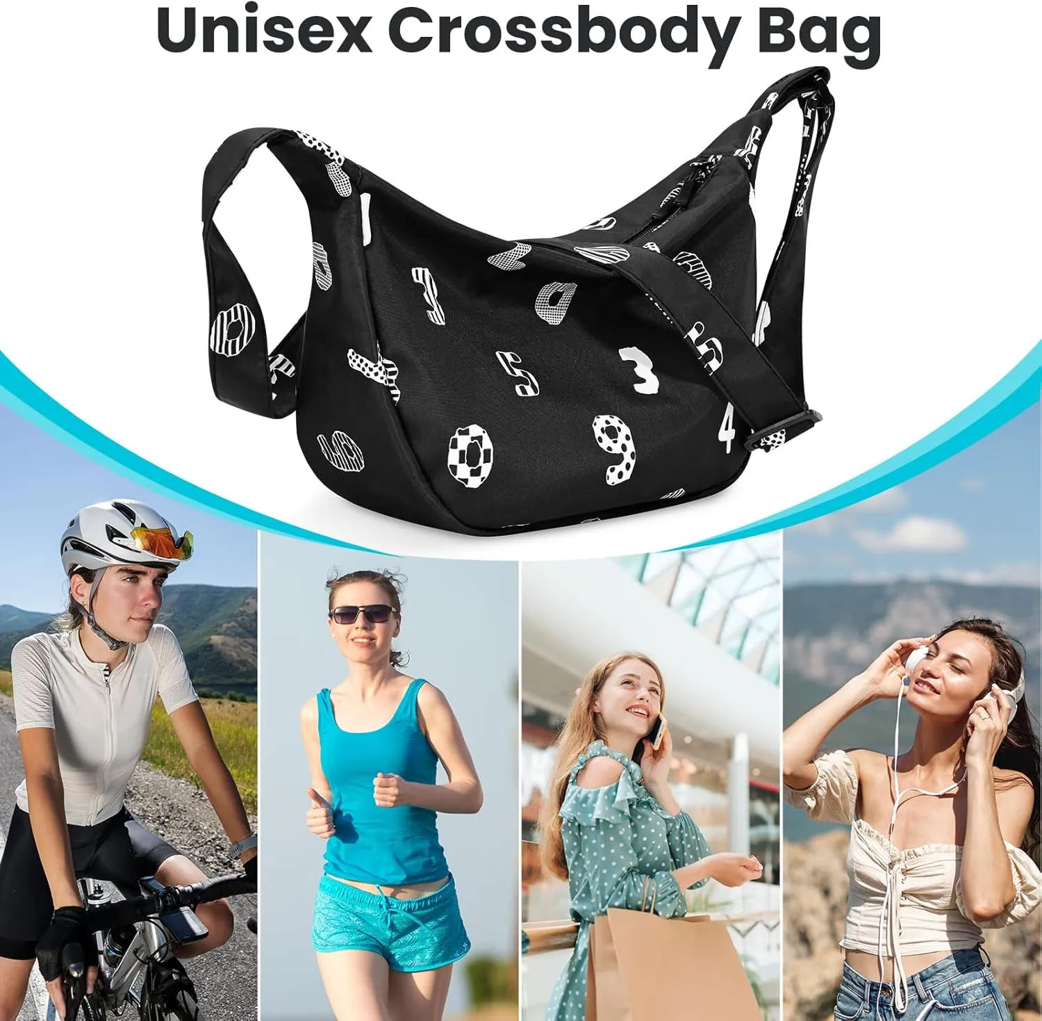 Small Sling Crossbody Bag for Women Men Trendy, Mini Crescent Bag with Adjustable Strap, 2 Zippers Lightweight Nylon Bag