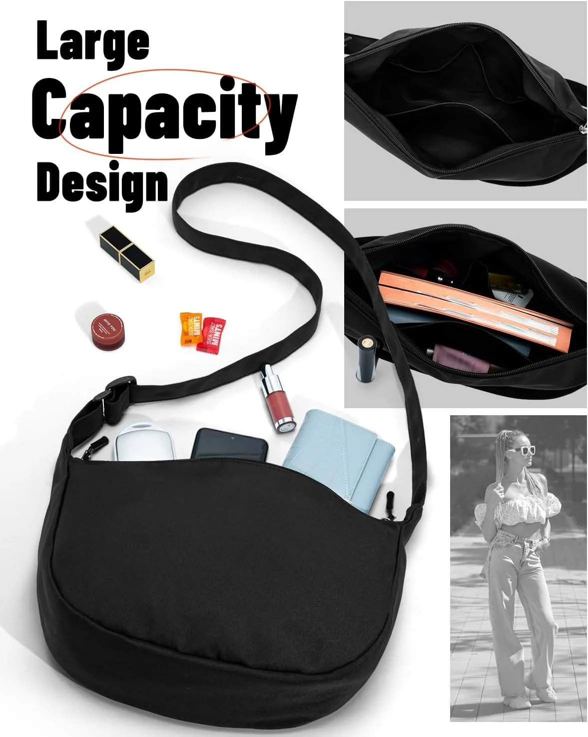 Small Sling Crossbody Bag for Women Men Trendy, Mini Crescent Bag with Adjustable Strap, 2 Zippers Lightweight Nylon Bag