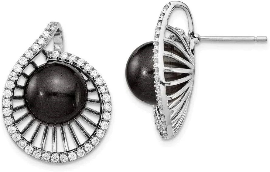 Solid 925 Sterling Silver 10-11mm Blk Imitation Shell Pearl CZ Cubic Zirconia Earrings - 21mm x 16mm