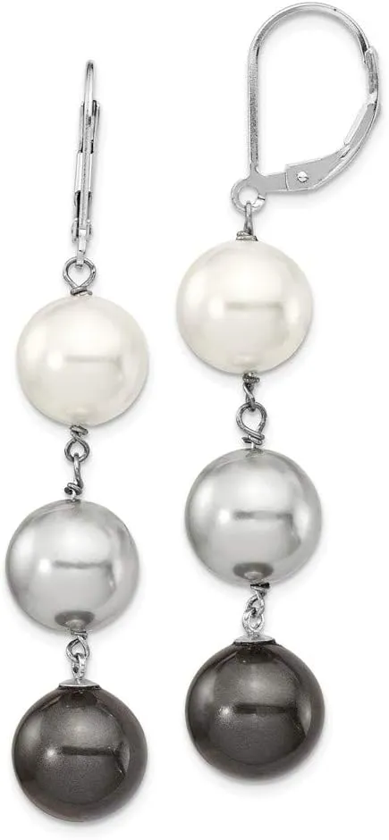Solid 925 Sterling Silver 10-11mm White/Gr/Blk Imitation Shell Pearl Earring - 56mm x 10mm