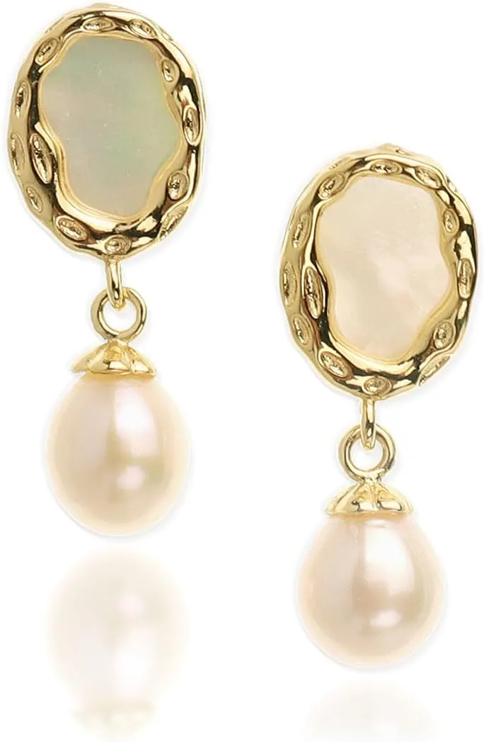 Sonateomber Freshwater Pearl Natural Shell Drop Dangle Earrings for Women, Cute Gold Pearls Earrings Dangling Prom Wedding Holiday Fashion Jewelry Gift